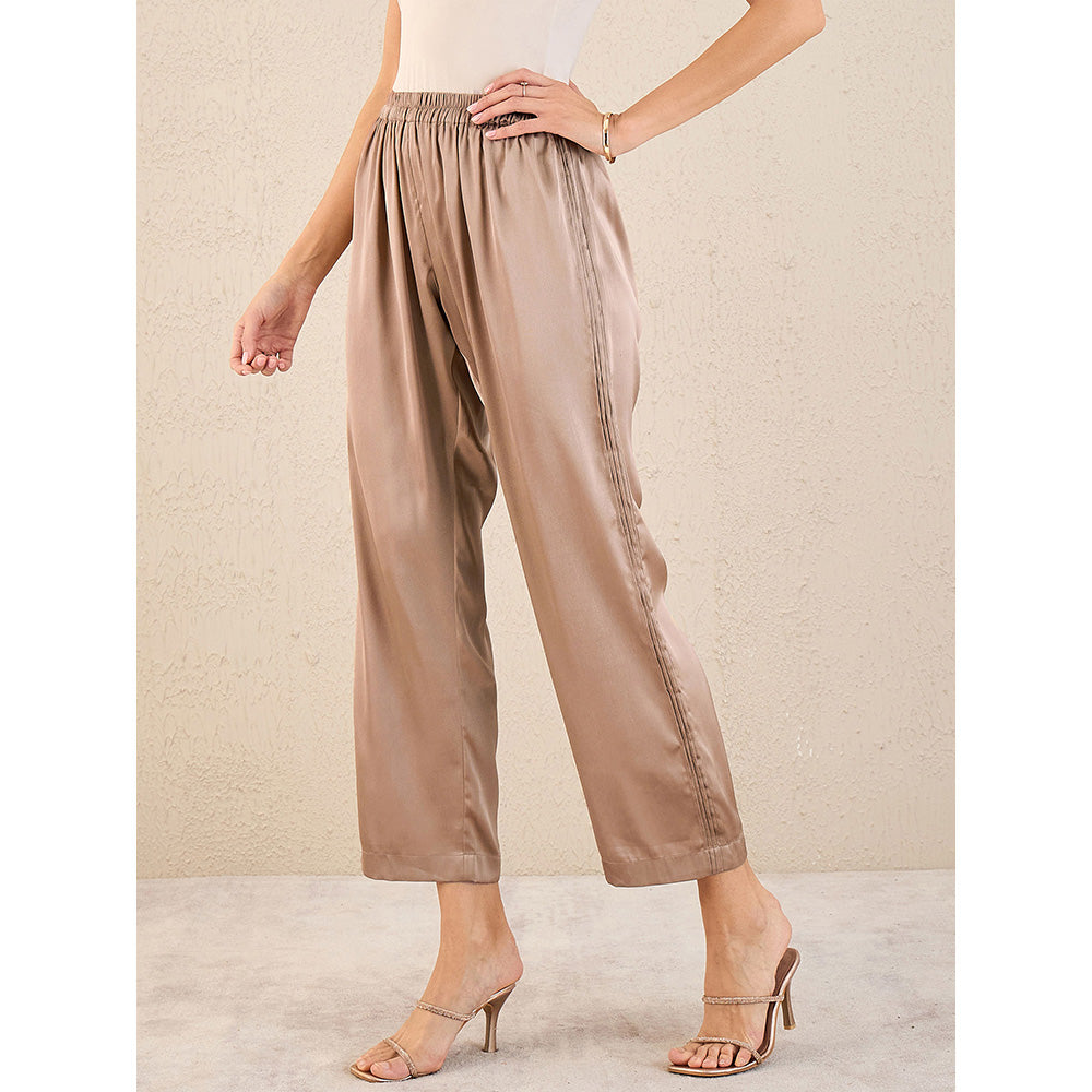 First Resort by Ramola Bachchan Hazel Brown Pintucked Straight Satin Pant