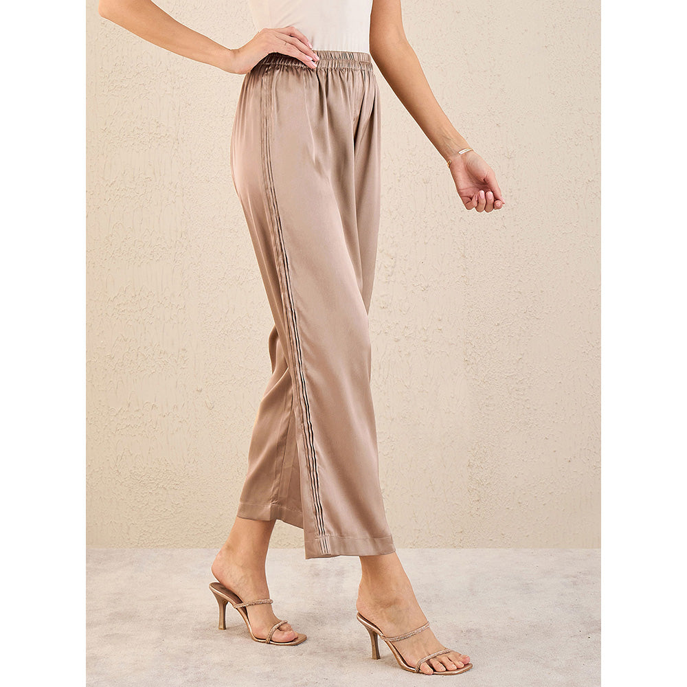 First Resort by Ramola Bachchan Hazel Brown Pintucked Straight Satin Pant
