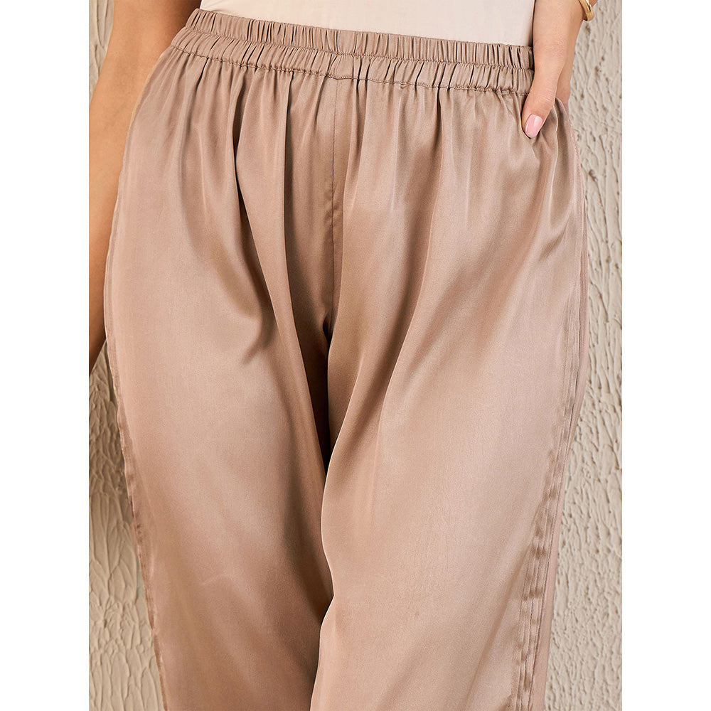 First Resort by Ramola Bachchan Hazel Brown Pintucked Straight Satin Pant