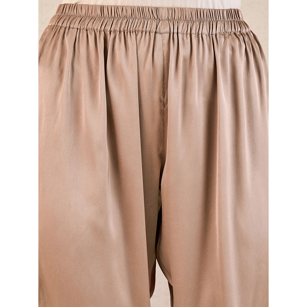 First Resort by Ramola Bachchan Hazel Brown Pintucked Straight Satin Pant