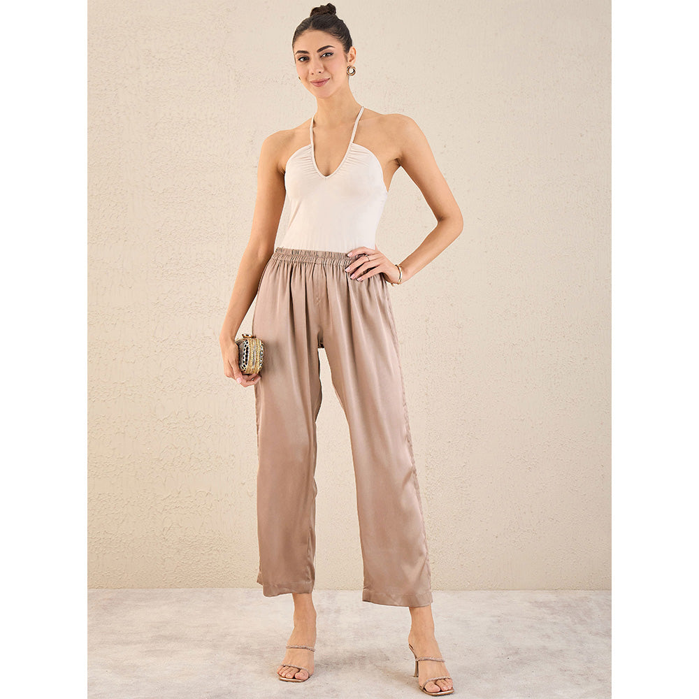 First Resort by Ramola Bachchan Hazel Brown Pintucked Straight Satin Pant