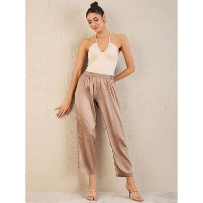First Resort by Ramola Bachchan Hazel Brown Pintucked Straight Satin Pant