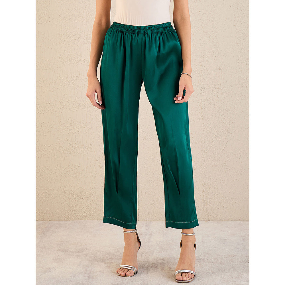 First Resort by Ramola Bachchan Teal Crystal Embellished Satin Straight Pant