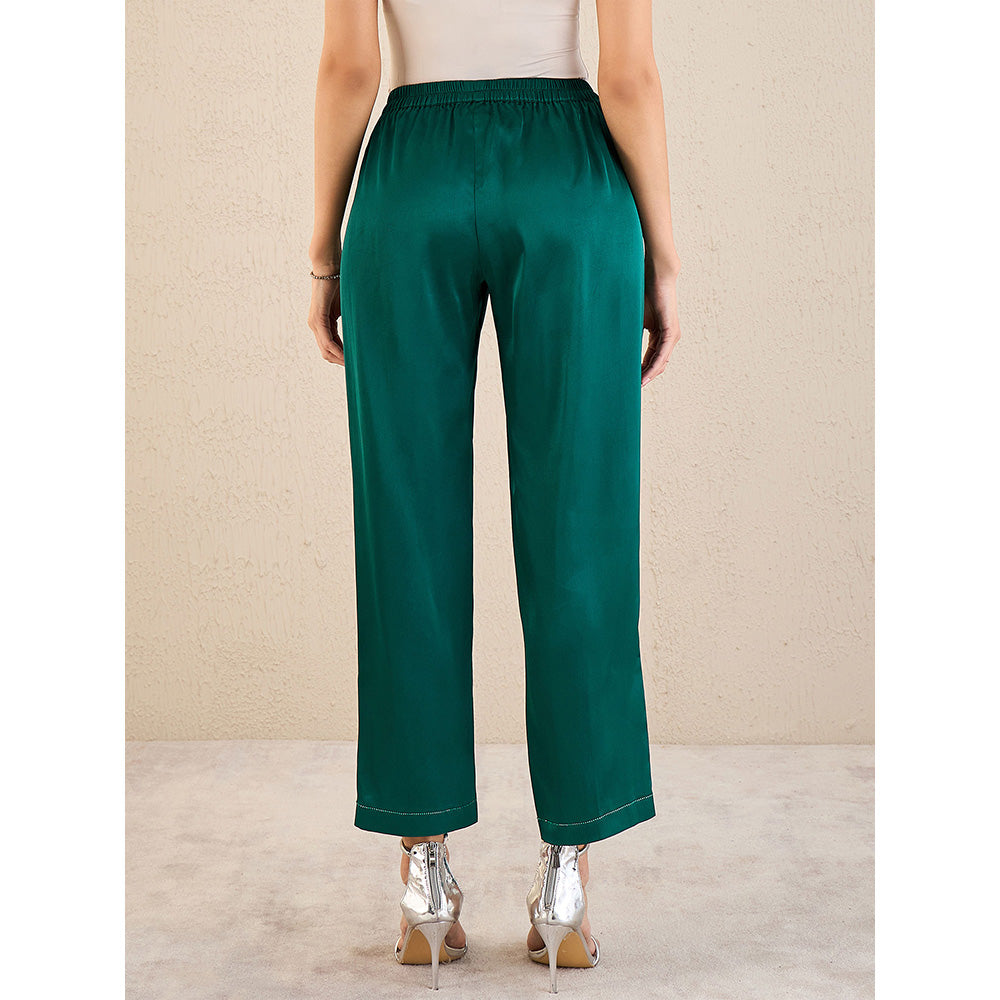 First Resort by Ramola Bachchan Teal Crystal Embellished Satin Straight Pant