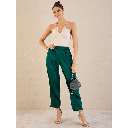 First Resort by Ramola Bachchan Teal Crystal Embellished Satin Straight Pant