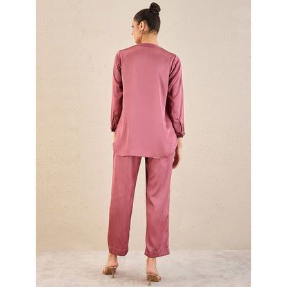 First Resort by Ramola Bachchan Old Rose Embellished Satin Top with Straight Pant (Set of 2)