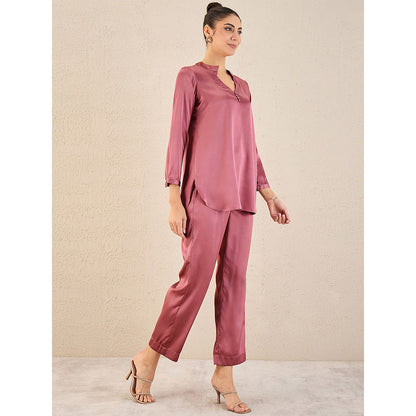 First Resort by Ramola Bachchan Old Rose Embellished Satin Top with Straight Pant (Set of 2)