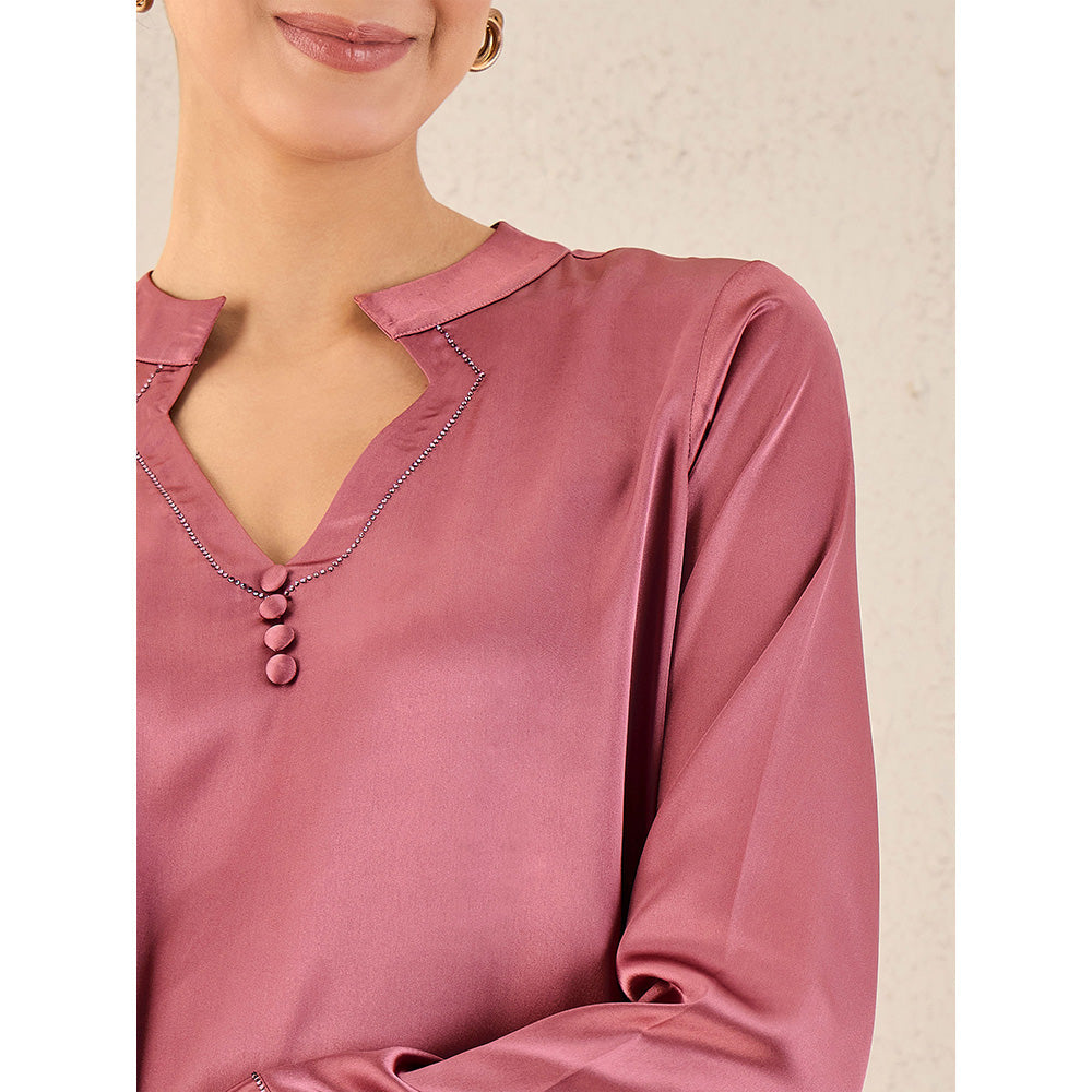 First Resort by Ramola Bachchan Old Rose Embellished Satin Top with Straight Pant (Set of 2)