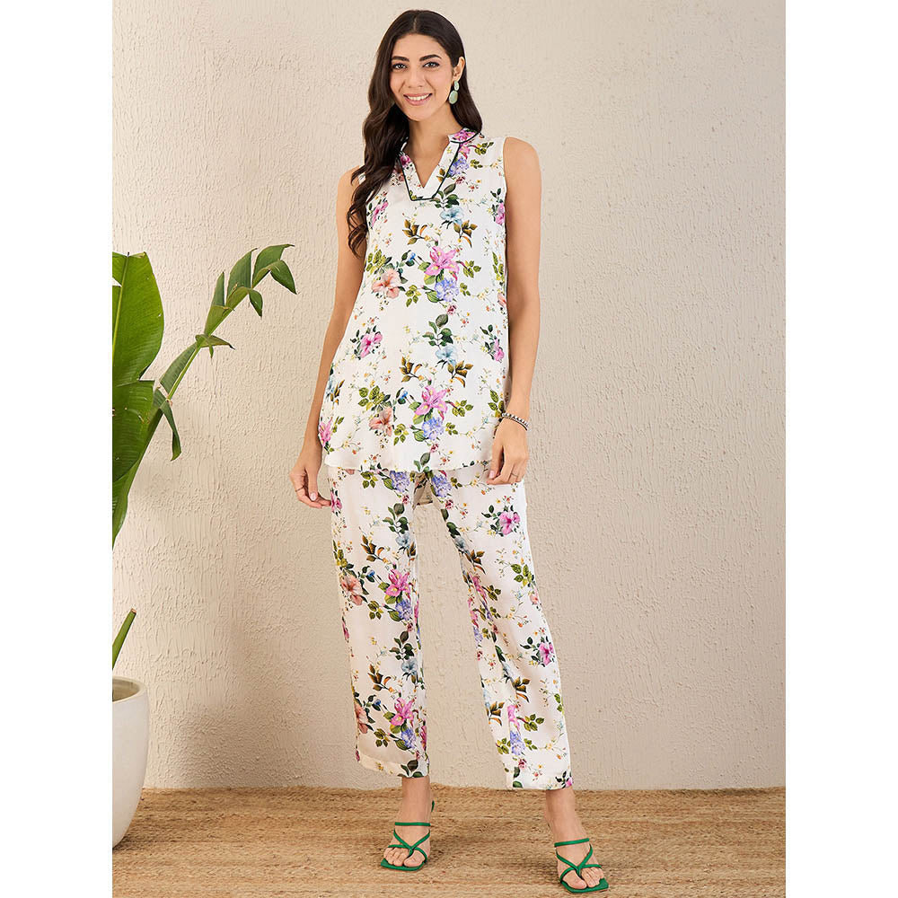 First Resort by Ramola Bachchan White & Pink Garden Print Sleeveless Co-Ordinate (Set of 2)