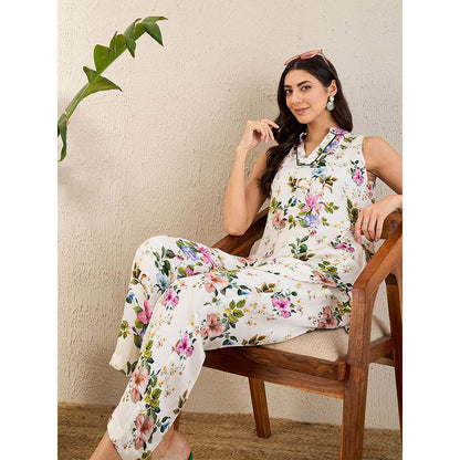 First Resort by Ramola Bachchan White & Pink Garden Print Sleeveless Co-Ordinate (Set of 2)