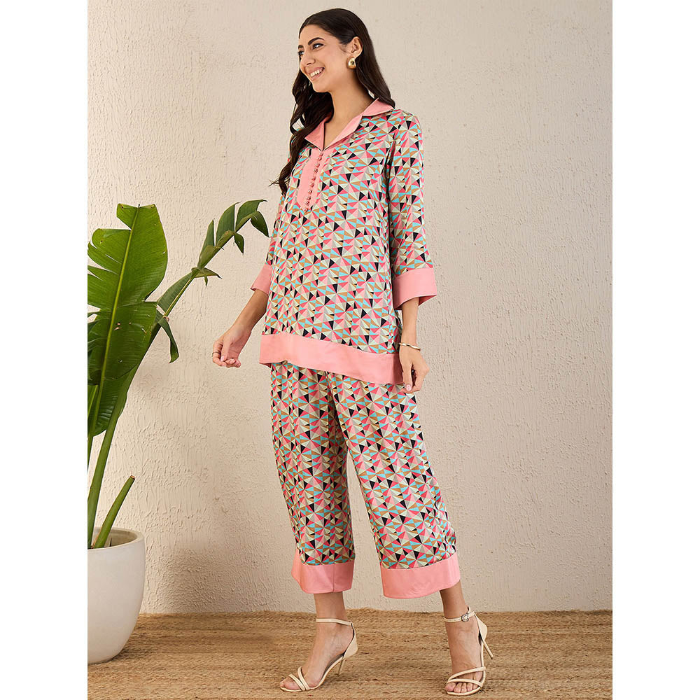 First Resort by Ramola Bachchan Rose Pink & Cyan Geometric Print Co-Ordinate (Set of 2)