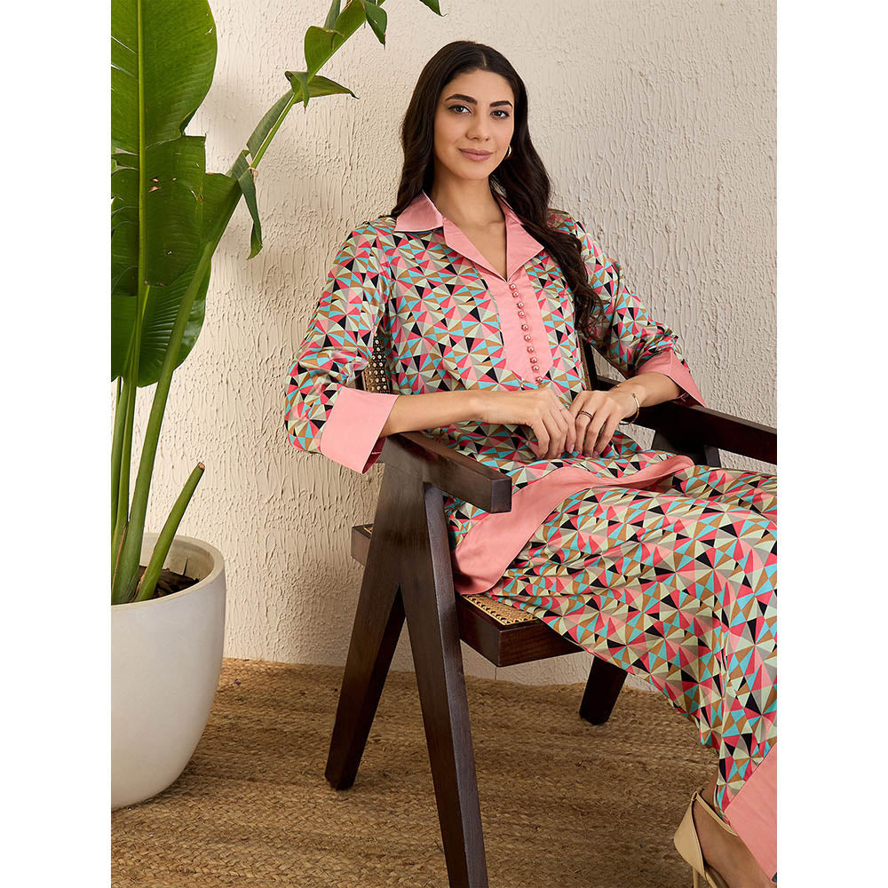 First Resort by Ramola Bachchan Rose Pink & Cyan Geometric Print Co-Ordinate (Set of 2)