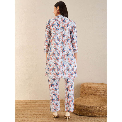 First Resort by Ramola Bachchan White & Indigo Blue Botanical Print Schiffli Co-Ord (Set of 2)