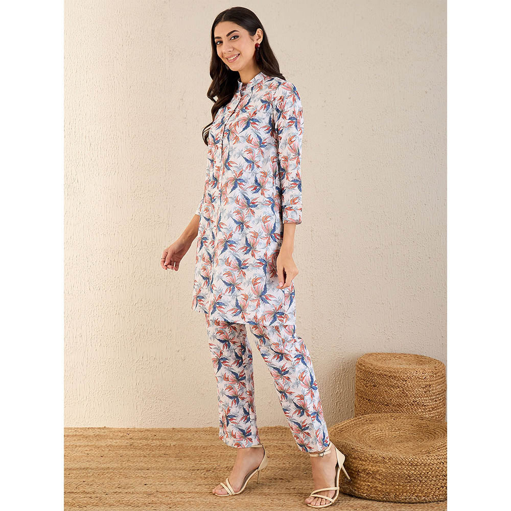 First Resort by Ramola Bachchan White & Indigo Blue Botanical Print Schiffli Co-Ord (Set of 2)