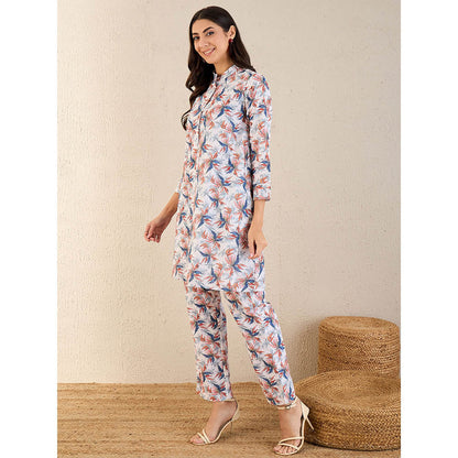 First Resort by Ramola Bachchan White & Indigo Blue Botanical Print Schiffli Co-Ord (Set of 2)