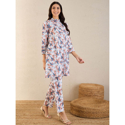 First Resort by Ramola Bachchan White & Indigo Blue Botanical Print Schiffli Co-Ord (Set of 2)