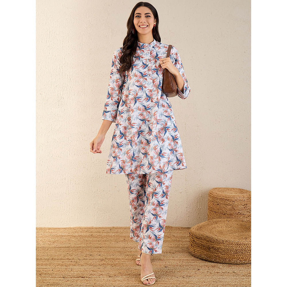 First Resort by Ramola Bachchan White & Indigo Blue Botanical Print Schiffli Co-Ord (Set of 2)