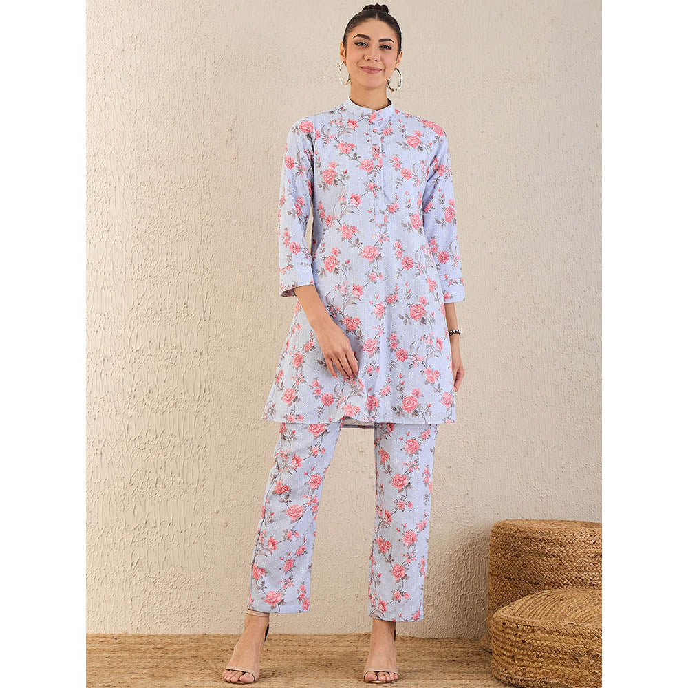 First Resort by Ramola Bachchan Ice Blue & Pink Floral Print Schiffli Co-Ordinate (Set of 2)