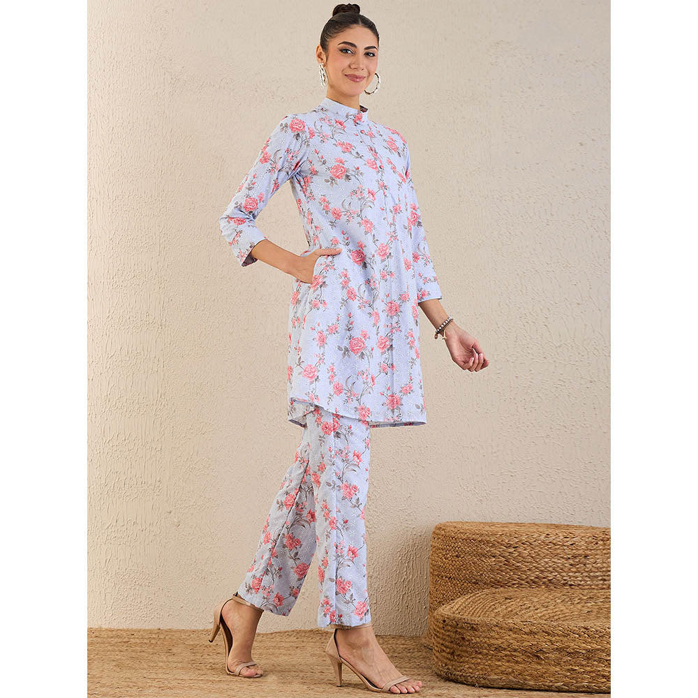 First Resort by Ramola Bachchan Ice Blue & Pink Floral Print Schiffli Co-Ordinate (Set of 2)