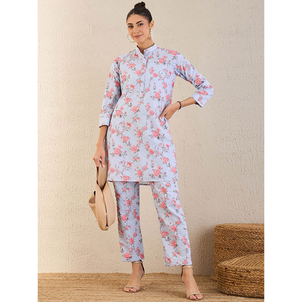First Resort by Ramola Bachchan Ice Blue & Pink Floral Print Schiffli Co-Ordinate (Set of 2)