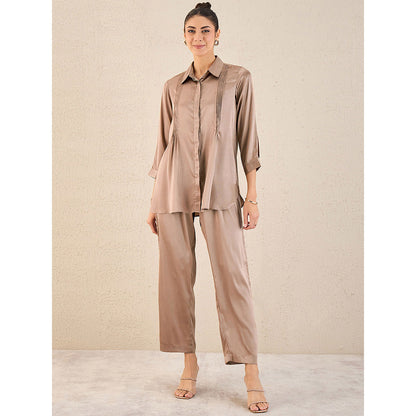 First Resort by Ramola Bachchan Hazel Brown Pintucked Satin Shirt & Straight Pant (Set of 2)