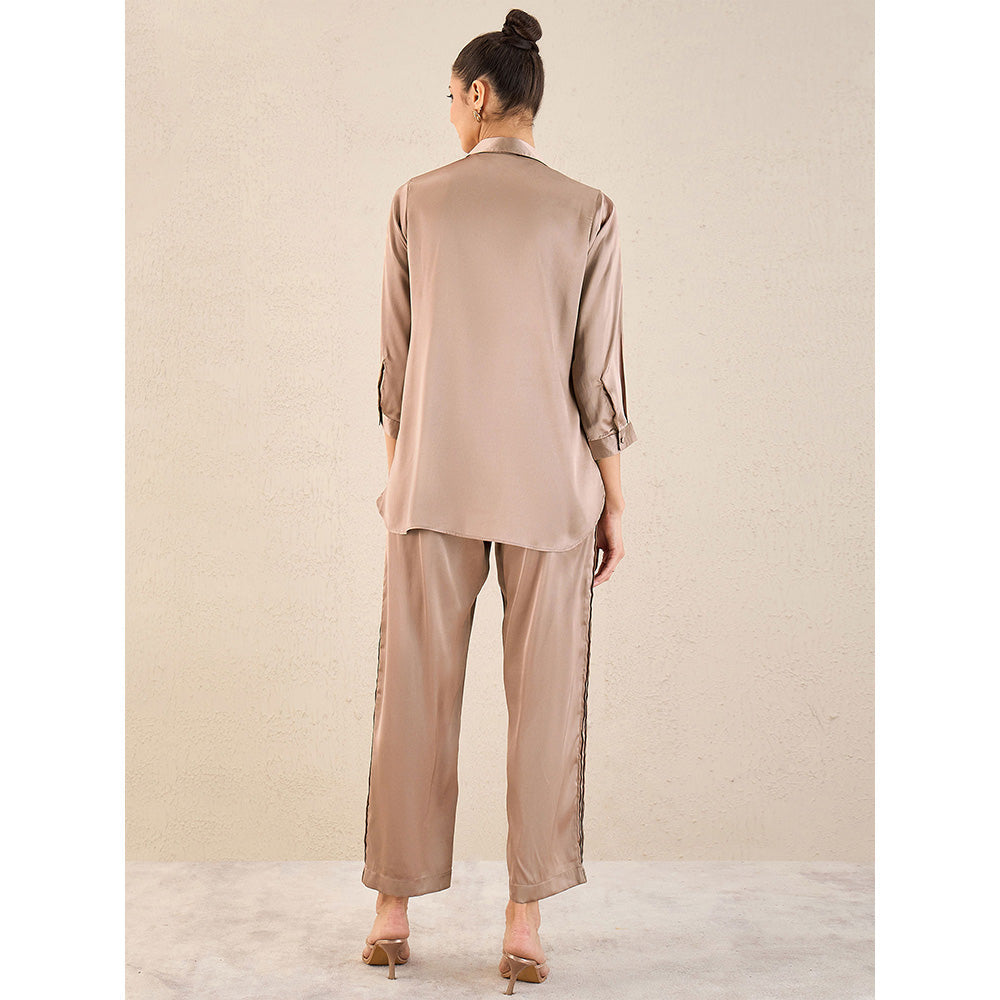 First Resort by Ramola Bachchan Hazel Brown Pintucked Satin Shirt & Straight Pant (Set of 2)