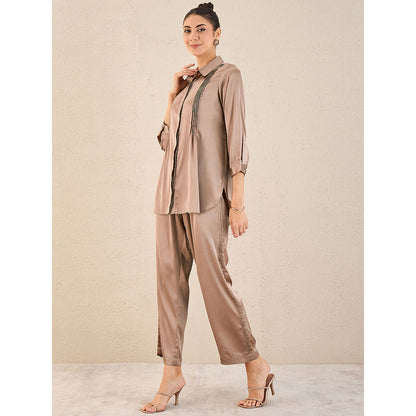 First Resort by Ramola Bachchan Hazel Brown Pintucked Satin Shirt & Straight Pant (Set of 2)