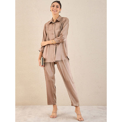 First Resort by Ramola Bachchan Hazel Brown Pintucked Satin Shirt & Straight Pant (Set of 2)