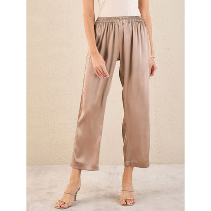First Resort by Ramola Bachchan Hazel Brown Pintucked Satin Shirt & Straight Pant (Set of 2)