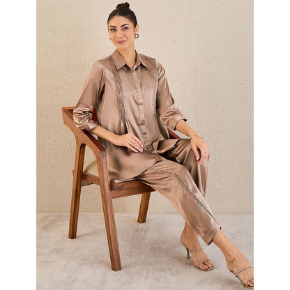 First Resort by Ramola Bachchan Hazel Brown Pintucked Satin Shirt & Straight Pant (Set of 2)