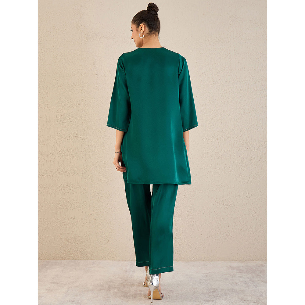 First Resort by Ramola Bachchan Teal Satin Co-Ordinate with Pleats (Set of 2)