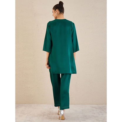 First Resort by Ramola Bachchan Teal Satin Co-Ordinate with Pleats (Set of 2)