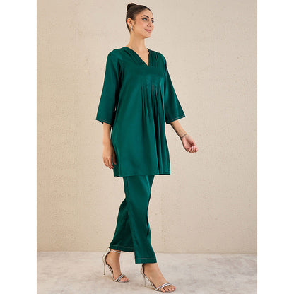 First Resort by Ramola Bachchan Teal Satin Co-Ordinate with Pleats (Set of 2)