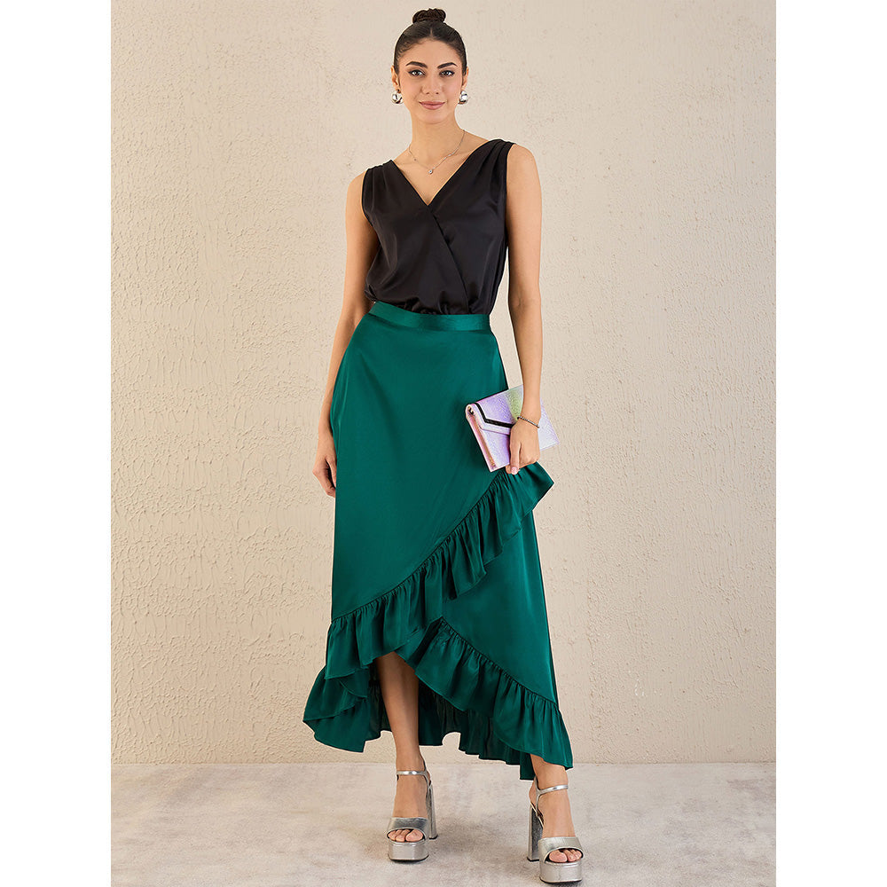 First Resort by Ramola Bachchan Teal Satin Frill Long Skirt