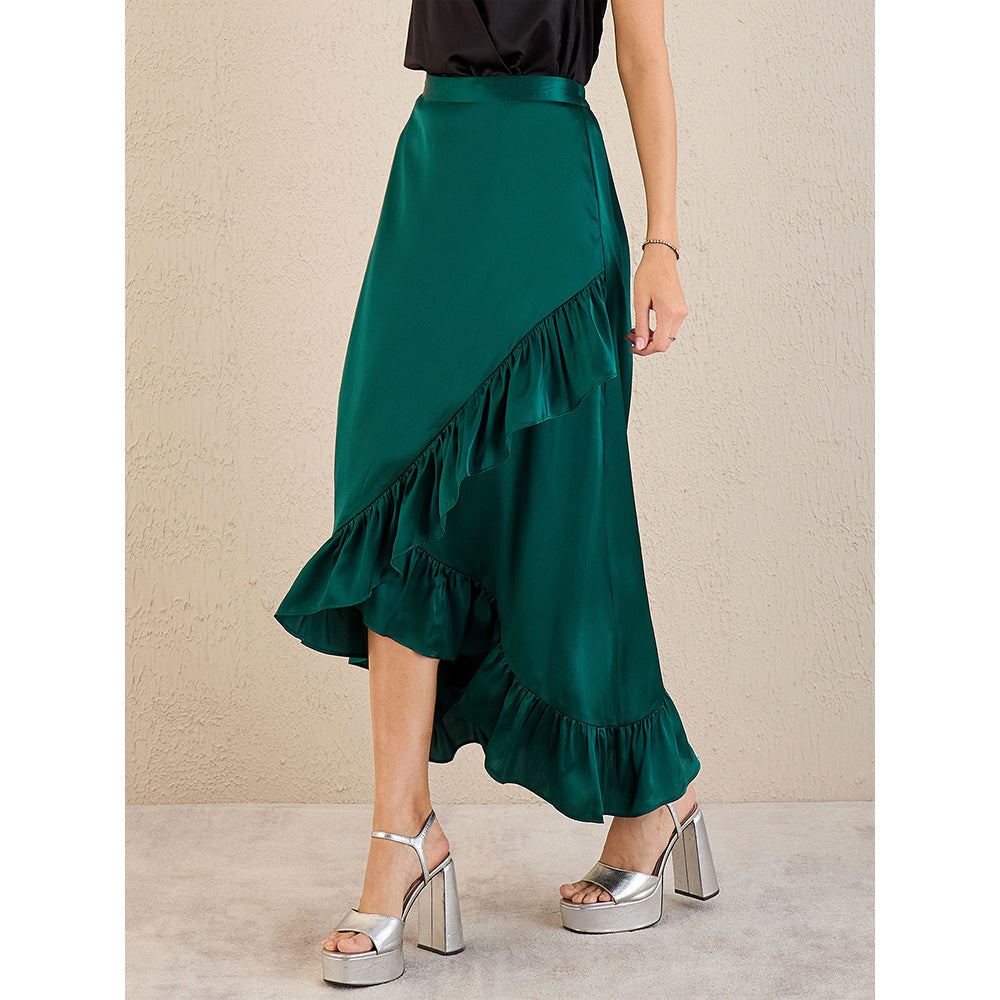 First Resort by Ramola Bachchan Teal Satin Frill Long Skirt