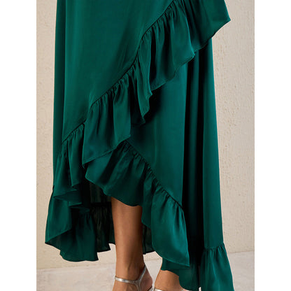 First Resort by Ramola Bachchan Teal Satin Frill Long Skirt