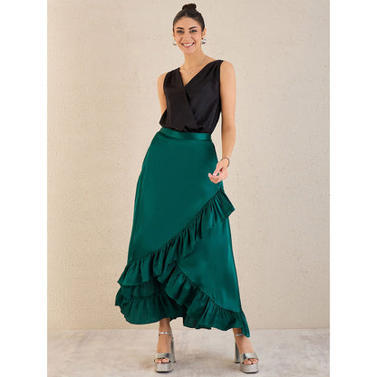First Resort by Ramola Bachchan Teal Satin Frill Long Skirt