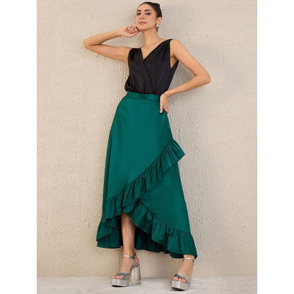 First Resort by Ramola Bachchan Teal Satin Frill Long Skirt