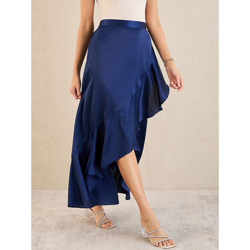 First Resort by Ramola Bachchan Navy Blue Satin Broad Frill Long Skirt