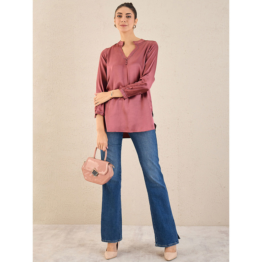 First Resort by Ramola Bachchan Old Rose Embellished Satin Top