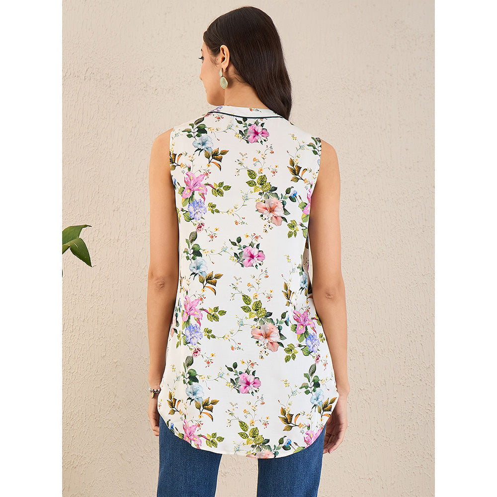 First Resort by Ramola Bachchan White & Pink Garden Print Sleeveless Top
