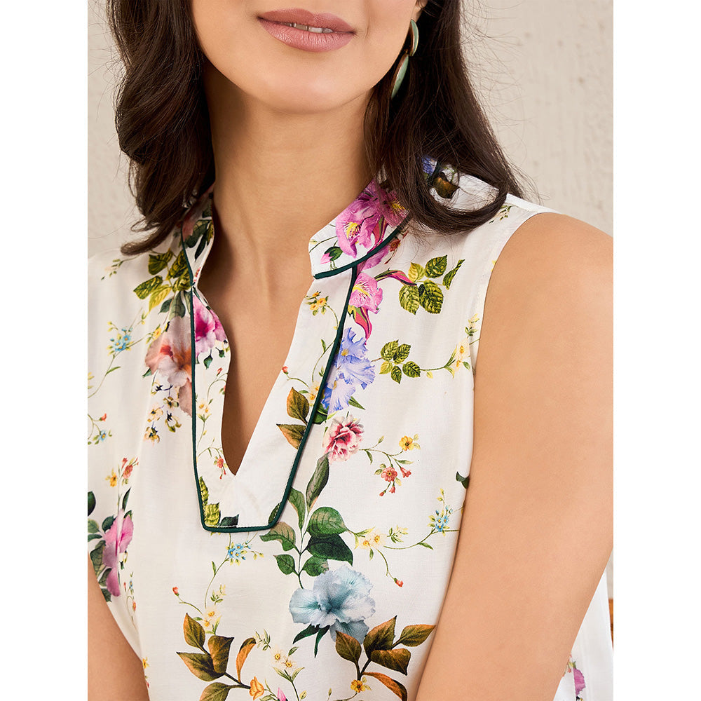 First Resort by Ramola Bachchan White & Pink Garden Print Sleeveless Top