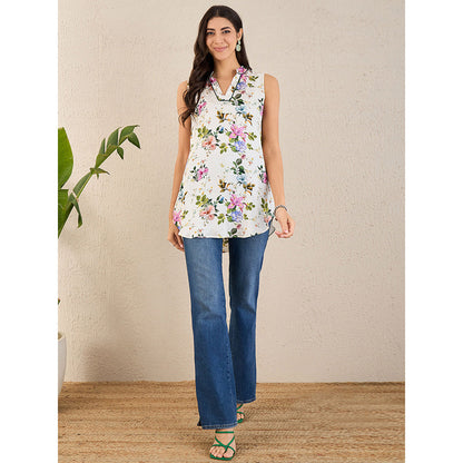 First Resort by Ramola Bachchan White & Pink Garden Print Sleeveless Top