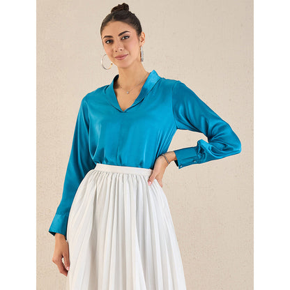 First Resort by Ramola Bachchan True Blue Shawl Collar Satin Top