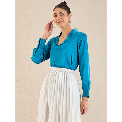 First Resort by Ramola Bachchan True Blue Shawl Collar Satin Top