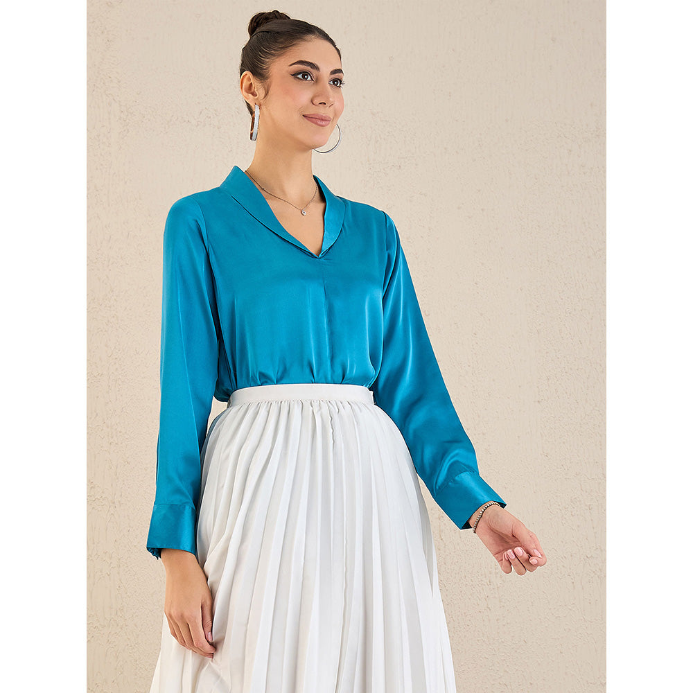 First Resort by Ramola Bachchan True Blue Shawl Collar Satin Top