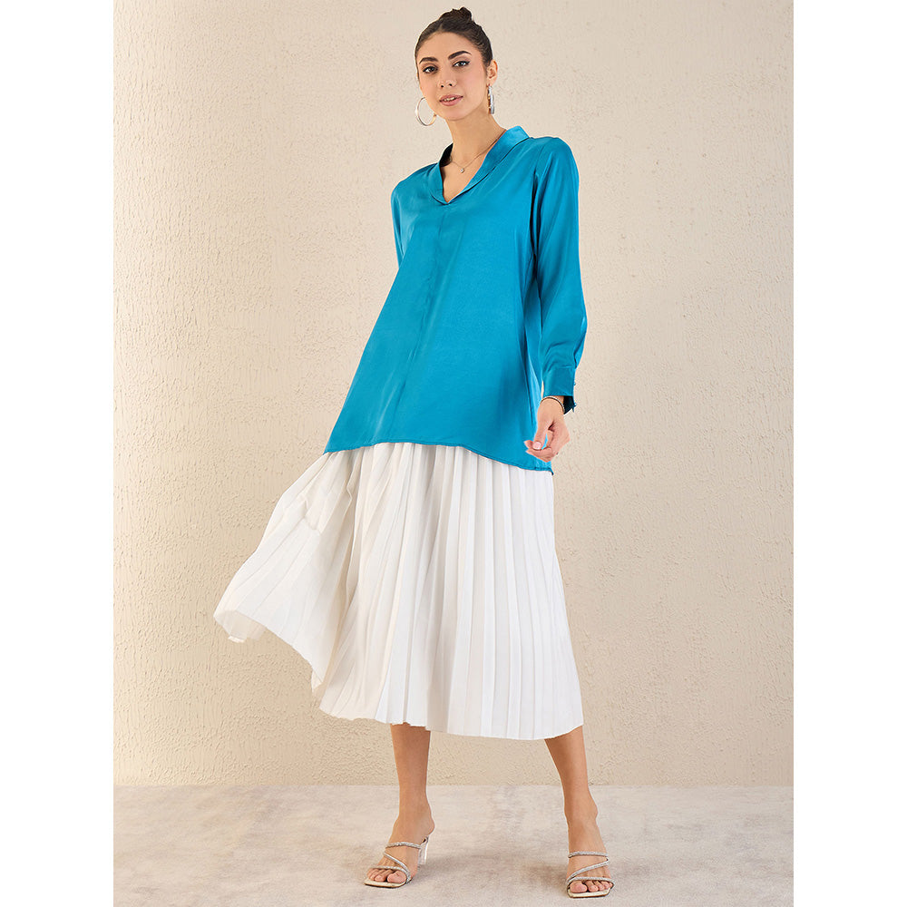 First Resort by Ramola Bachchan True Blue Shawl Collar Satin Top