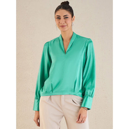 First Resort by Ramola Bachchan Turquoise Shawl Collar Satin Top