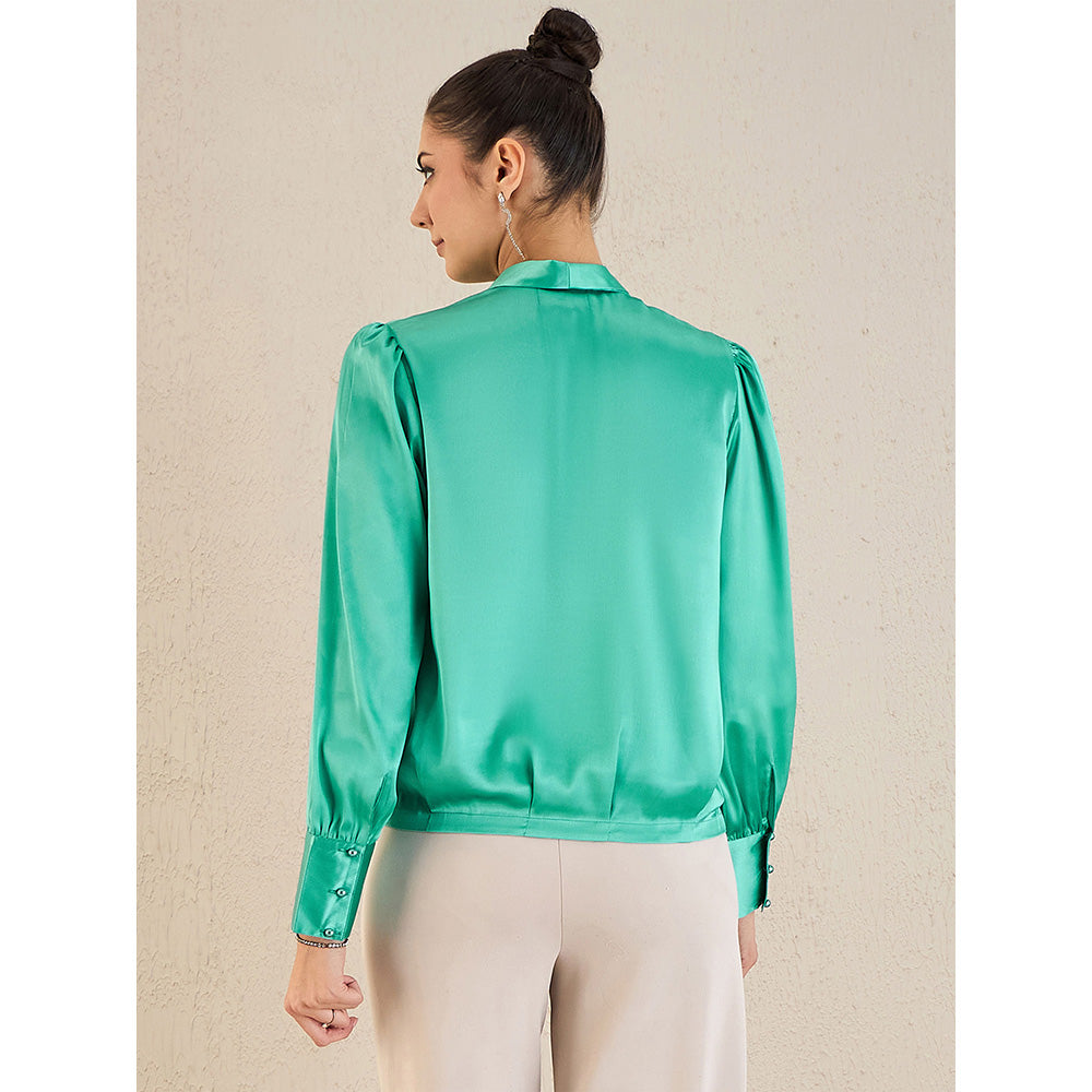 First Resort by Ramola Bachchan Turquoise Shawl Collar Satin Top