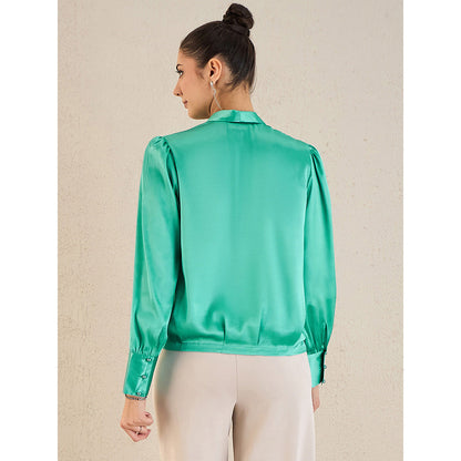 First Resort by Ramola Bachchan Turquoise Shawl Collar Satin Top